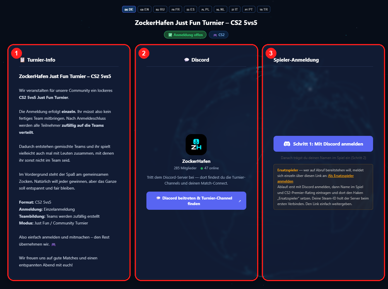 Die Anmeldeseite im Überblick: Turnier-Info, Discord und Spieler-Anmeldung