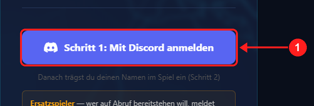 Anmeldeseite: rechts „Schritt 1: Mit Discord anmelden“ anklicken