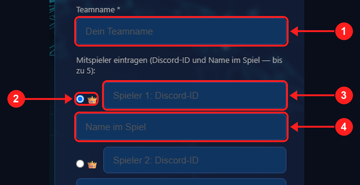 Teamanmeldung: Teamname, Captain-Krone, Discord-ID und Name im Spiel