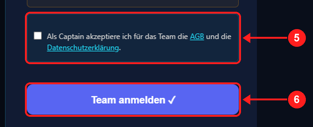 Teamanmeldung: AGB des Captains bestätigen und „Team anmelden“ anklicken