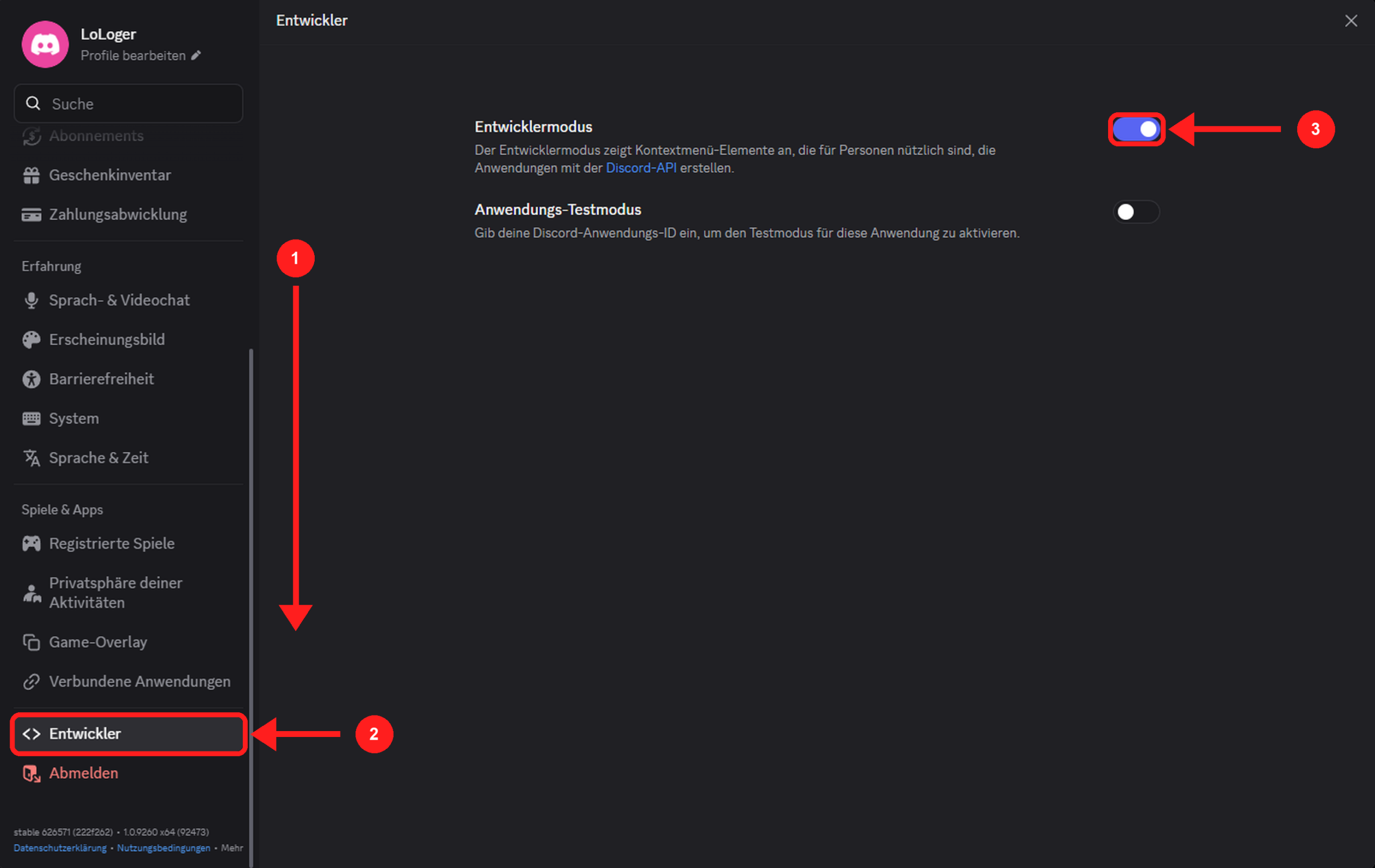 Discord-Einstellungen: ganz unten „Entwickler“ öffnen und den Entwicklermodus einschalten